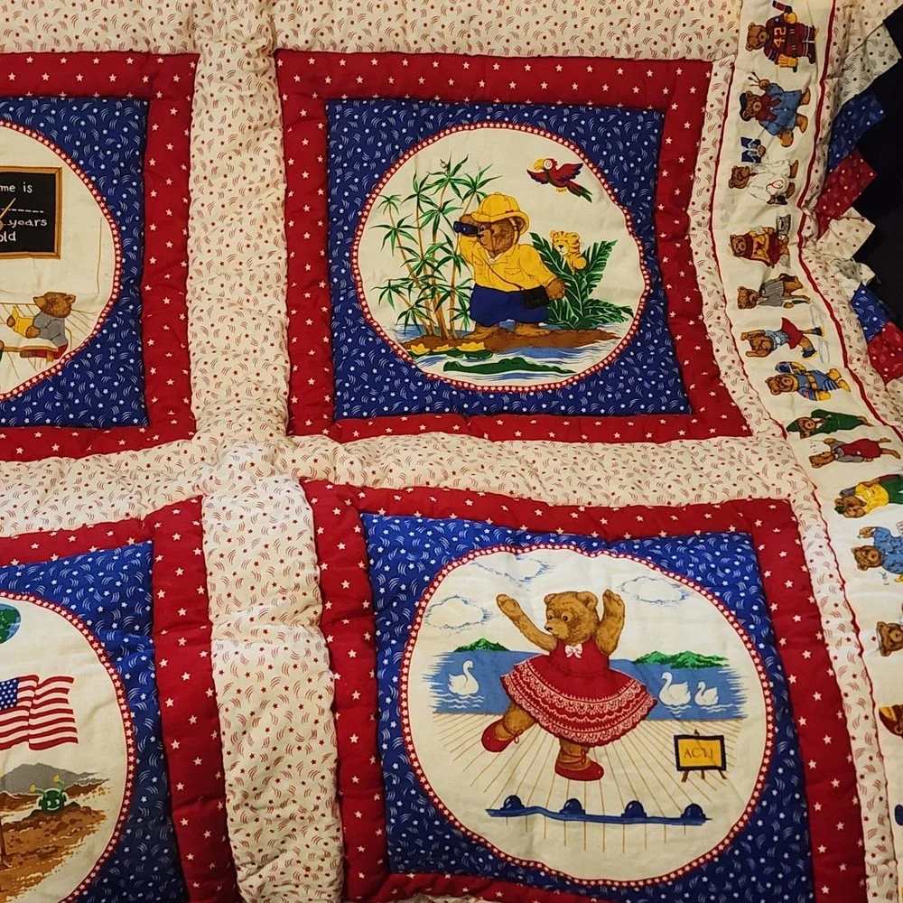Vintage Cottage‎ Core Bear Baby Quilt 41x60 Red, Blue Handmade